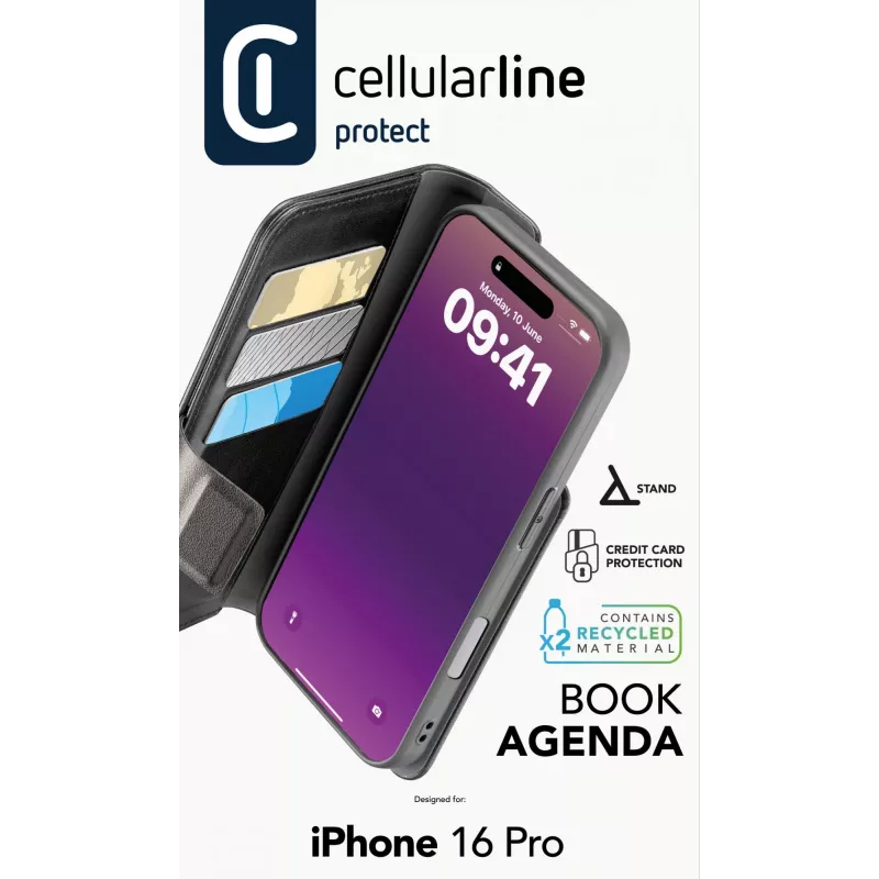 Cellularline Book Agenda - iPhone 16 Pro etui książkowe ze sztucznej skóry z zamknięciem magnetycznym