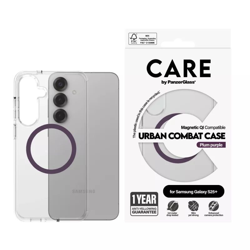 PanzerGlass CARE Urban Combat przezroczyste etui Plum Purple Qi Samsung Galaxy S25+