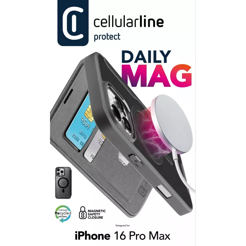 Cellularline Daily Mag - iPhone 16 Pro Max etui książkowe z półprzezroczystym twardym tyłem kompatybilne z ekosystemem Magsafe®