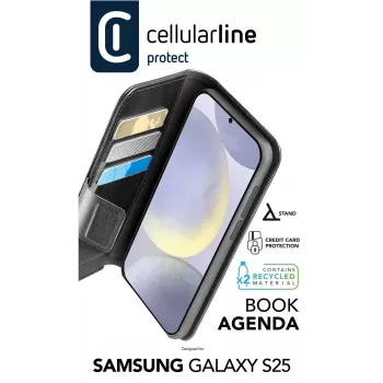 Etui z klapką Cellularline Galaxy S25 16,1 cm czarne 3 kieszenie na karty