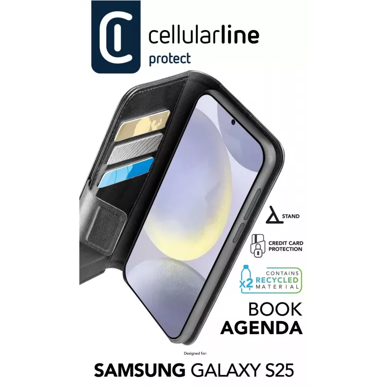 Etui z klapką Cellularline Galaxy S25 16,1 cm czarne 3 kieszenie na karty