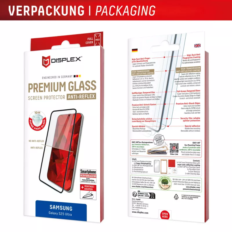 Displex Premium Screen Protector (Full Cover, 10H) do Samsung Galaxy S25 Ultra, Eko Ramka Montażowa, Pełne Pokrycie