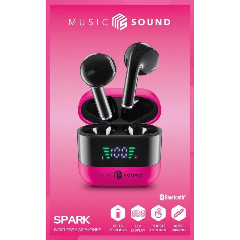 Music Sound SPARK Słuchawki douszne TWS z wyświetlaczem LED, True Wireless Stereo (TWS), Połączenia/Muzyka, 66 g, Zestaw słuchawkowy, Różowy