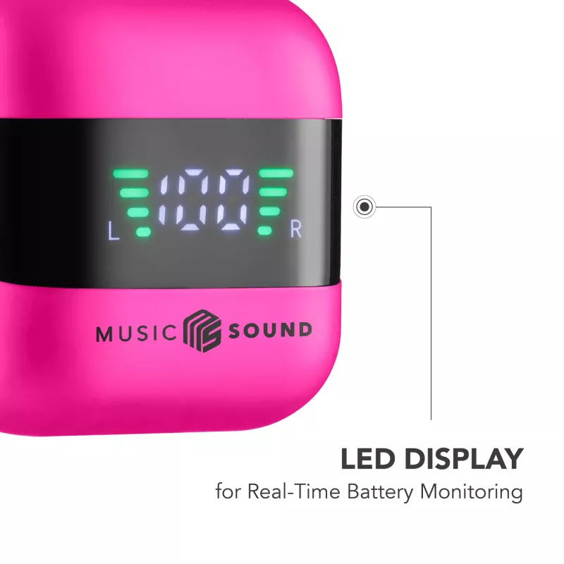 Music Sound SPARK Słuchawki douszne TWS z wyświetlaczem LED, True Wireless Stereo (TWS), Połączenia/Muzyka, 66 g, Zestaw słuchawkowy, Różowy