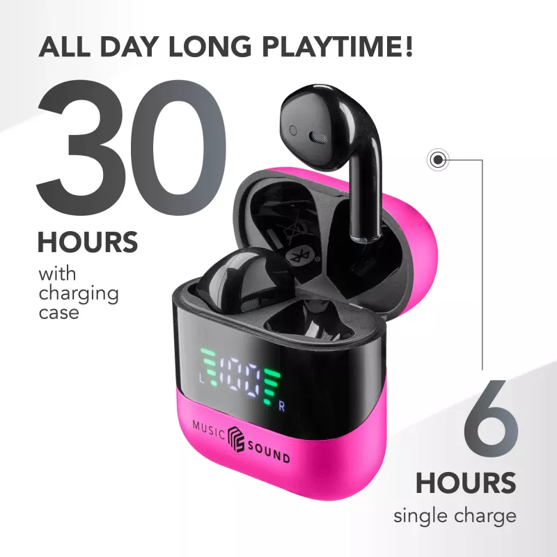 Music Sound SPARK Słuchawki douszne TWS z wyświetlaczem LED, True Wireless Stereo (TWS), Połączenia/Muzyka, 66 g, Zestaw słuchawkowy, Różowy