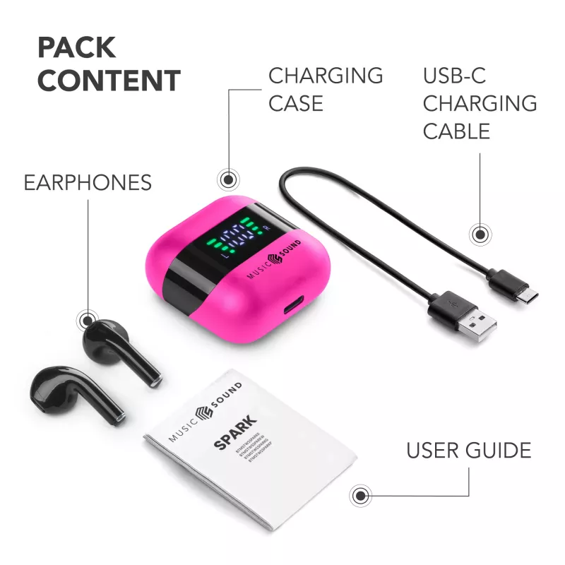 Music Sound SPARK Słuchawki douszne TWS z wyświetlaczem LED, True Wireless Stereo (TWS), Połączenia/Muzyka, 66 g, Zestaw słuchawkowy, Różowy
