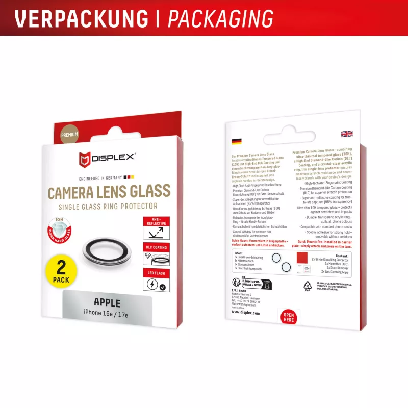 Displex Premium Camera Lens Glass, iPhone 16e/17e, 2 szt., 10H, Pojedyncze pierścienie, DLC, transparentny, Szybki montaż
