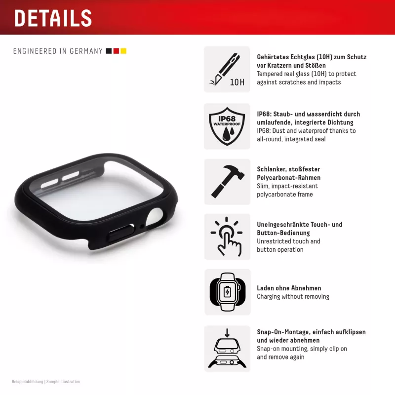 PanzerGlass Displex 10H szklane hartowane etui full-body do Apple Watch 41mm (Series 9/8/7), IP68, zakładane na zatrzask, czarny matowy