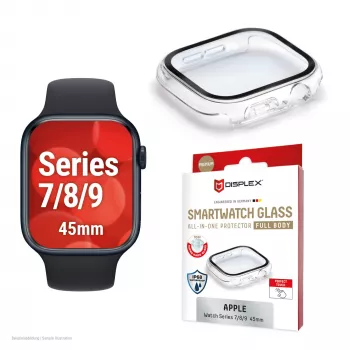 Szkło ochronne PanzerGlass Displex 10H do Apple Watch 9/8/7 45 mm, pełnoobudowowe szkło hartowane, IP68, zatrzaskowe, przezroczyste