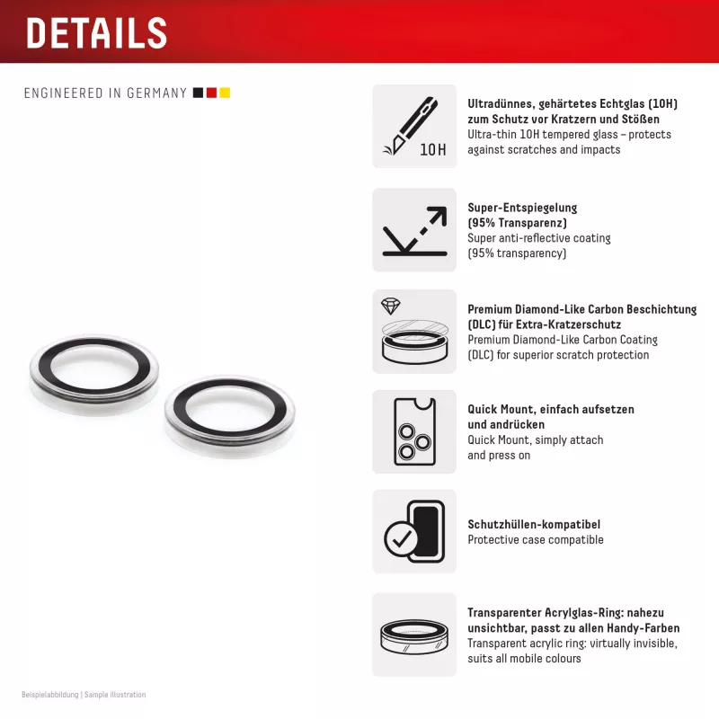 Displex Premium Camera Lens Glass, iPhone 15/15 Plus, 10H, pojedyncze pierścienie, DLC, przezroczysty, Quick Mount