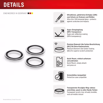 Displex Premium Camera Lens Glass, iPhone 15 Pro/15 Pro Max, 10H, Pojedyncze pierścienie, DLC, transparentny, Quick Mount