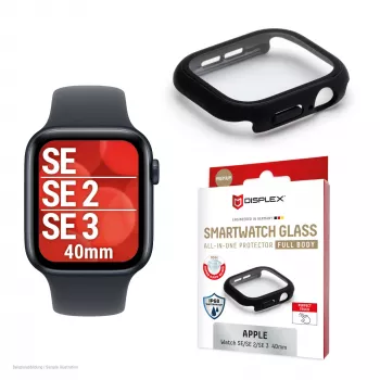 Szkło ochronne PanzerGlass Displex 10H do Apple Watch SE3/SE2/SE (40mm) — Pełna obudowa, IP68, zatrzaskowe, czarne matowe