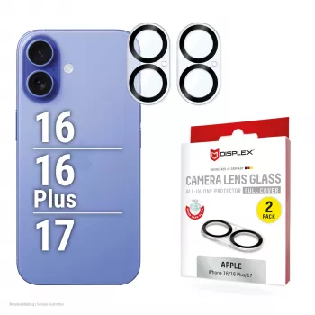 Displex Full Cover Camera Lens Glass iPhone 16/16 Plus/17, 10H, Full Camera Protector, Szybki montaż, 2 szt.