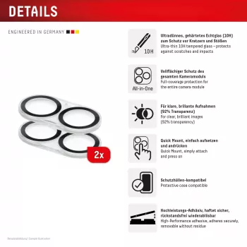 Displex Full Cover Camera Lens Glass iPhone 16/16 Plus/17, 10H, Full Camera Protector, Szybki montaż, 2 szt.