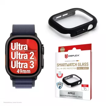 Szkło ochronne PanzerGlass Displex 10H do Apple Watch Ultra 3/Ultra 2/Ultra (49 mm), pełna obudowa, IP68, zatrzaskowe, czarny mat