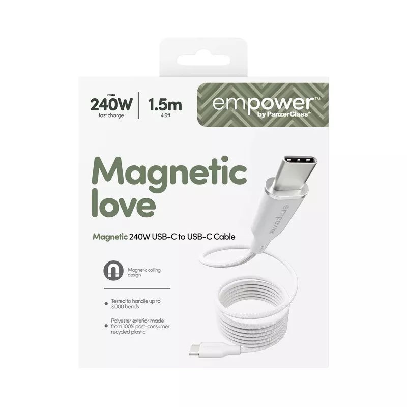 PanzerGlass empower™ by ® Magnetyczny kabel USB-C do USB-C 240W | USB 2.0 | 1,5 m | Srebrno-biały