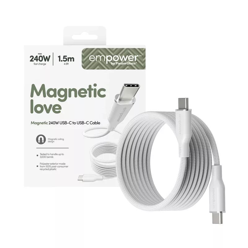 PanzerGlass empower™ by ® Magnetyczny kabel USB-C do USB-C 240W | USB 2.0 | 1,5 m | Srebrno-biały