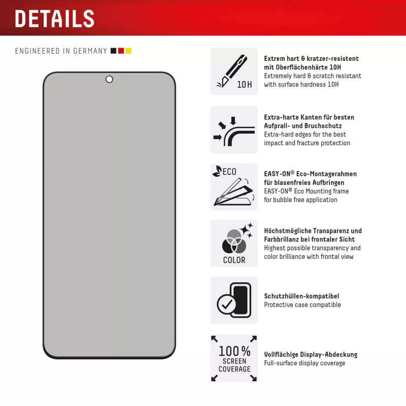 Displex Privacy Ochrona ekranu (10H) do Samsung Galaxy S25 FE/S24 FE, ramka montażowa Eco, filtr prywatyzujący