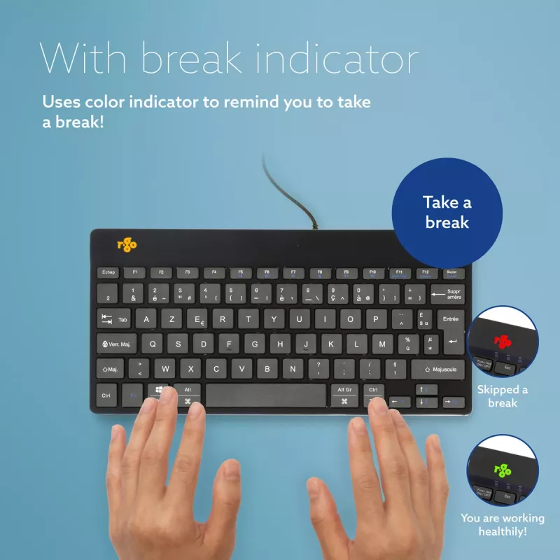 Ergonomiczna klawiatura R-Go Tools R-Go Compact Break, kompaktowa klawiatura z oprogramowaniem do przerw, AZERTY (FR), przewodowa, czarna