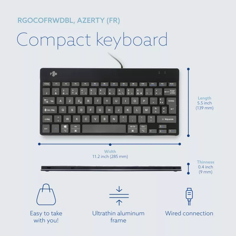 Ergonomiczna klawiatura R-Go Tools R-Go Compact Break, kompaktowa klawiatura z oprogramowaniem do przerw, AZERTY (FR), przewodowa, czarna