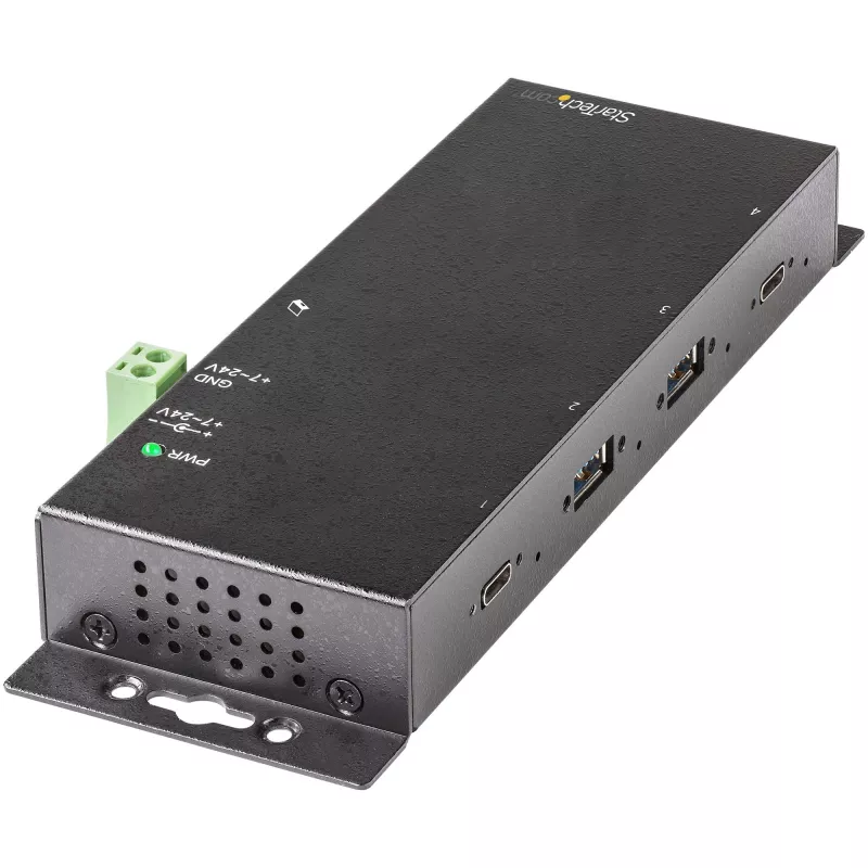 StarTech.com 4-portowy hub USB C 10 Gb/s – Metalowy przemysłowy hub USB-C – 2x USB-C i 2x USB-A – ochrona przed przepięciami ESD – host USB-C lub USB-A – samodzielnie zasilany montowalny hub USB 3.2 Gen 2 Type-C