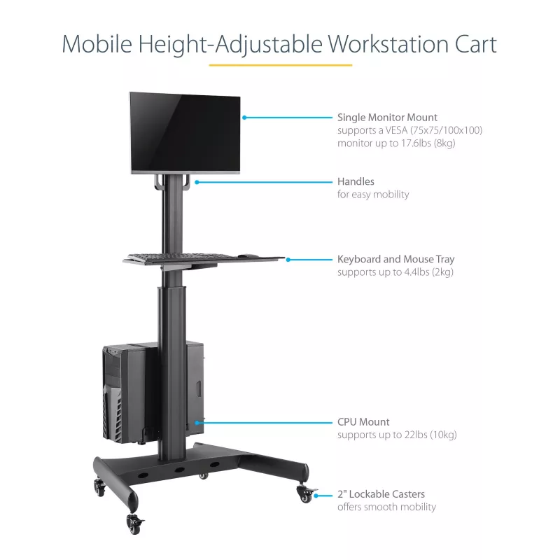 StarTech.com Wózek do mobilnego stanowiska pracy z uchwytem na monitor, uchwytem na CPU/PC, tacką na klawiaturę – Ergonomiczny biurkowy wózek komputerowy z regulacją wysokości – Mobilne stanowisko stojące na kółkach