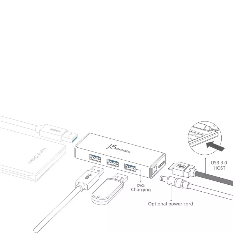 Hub USB j5create JUH340 4-portowy USB 3.0 Czarny Aluminium