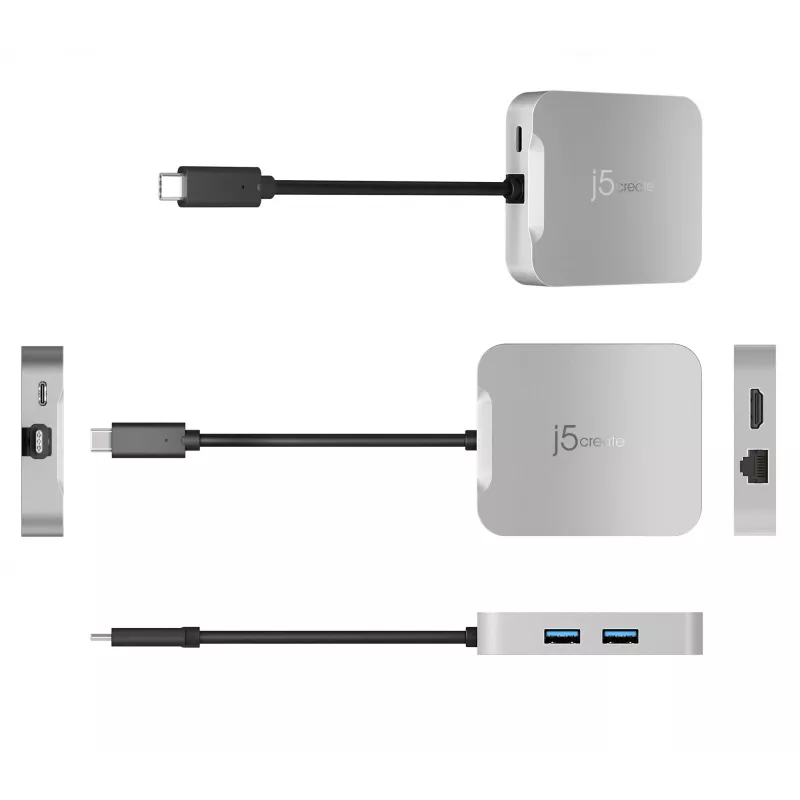j5create JCD391 4K60 Elite USB-C® PD wieloportowy adapter, srebrny