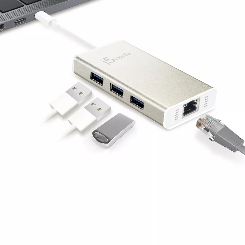 j5create JCH471 USB-C™ Gigabit Ethernet i Hub Multi Adapter, metaliczny szampański
