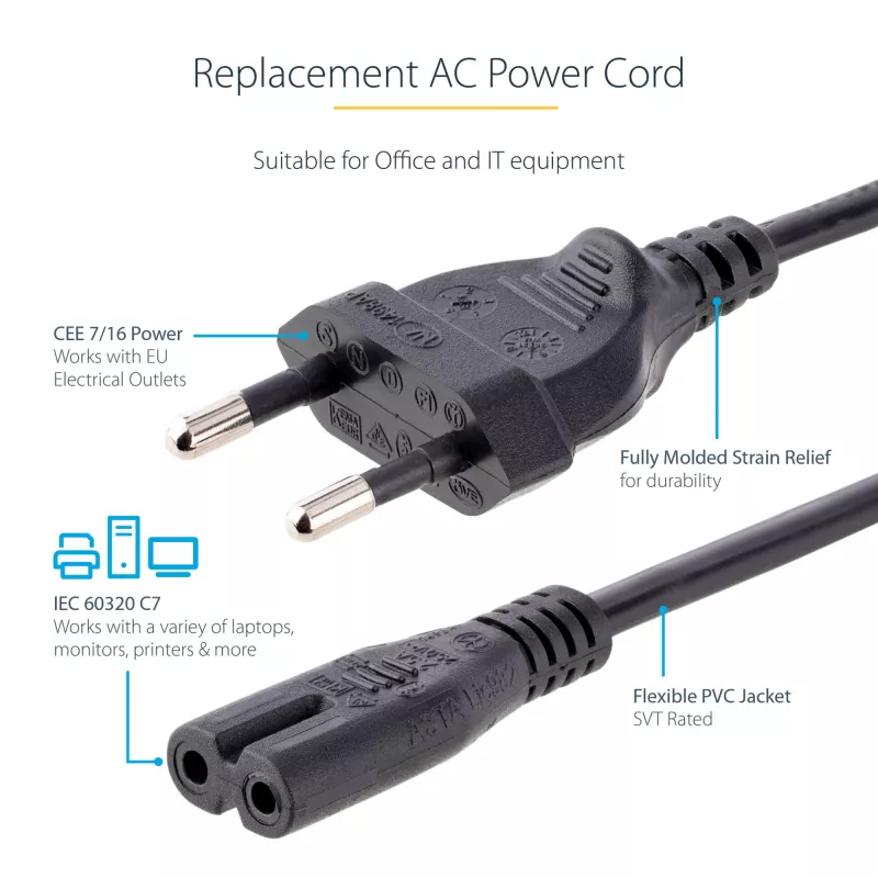 StarTech.com 3m (10ft) przewód zasilający do laptopa, wtyk EU na C7, 2,5A 250V, 18AWG, przewód zamienny do laptopa, kabel zasilający do drukarki, przewód ładowarki do laptopa, przewód do zasilacza laptopa, czarny