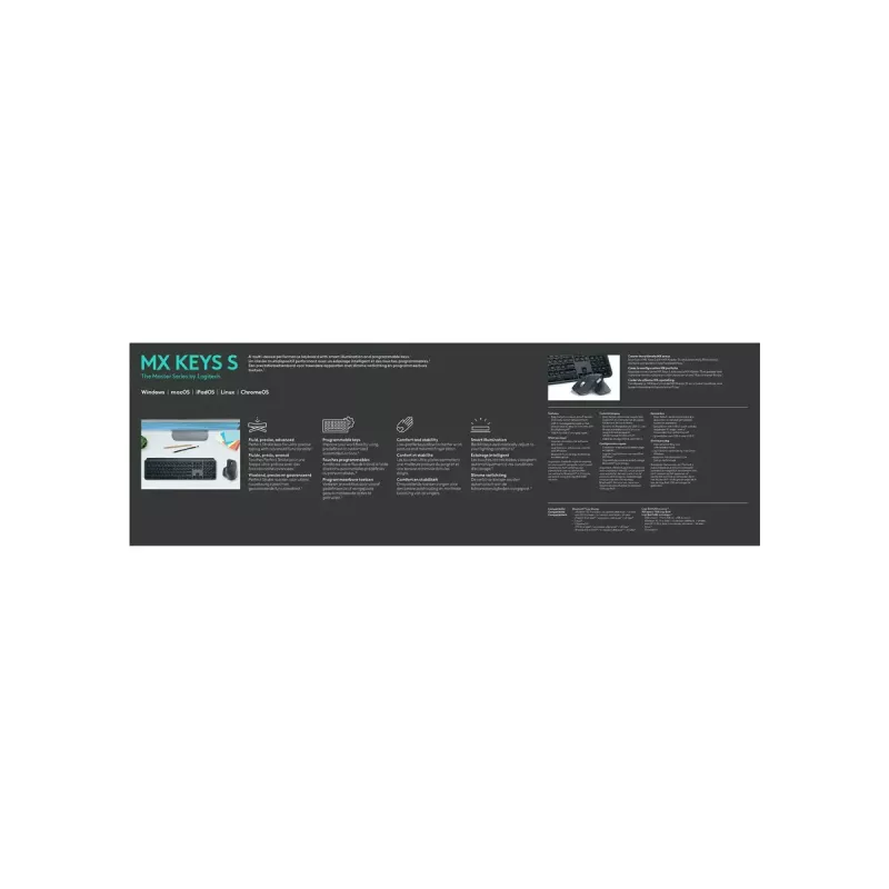 Klawiatura Logitech MX Keys S uniwersalna RF Wireless + Bluetooth AZERTY belgijska grafitowa