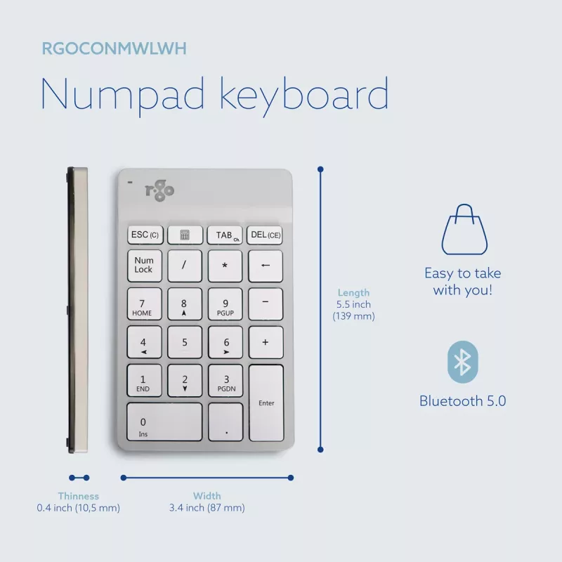 R-Go Tools Klawiatura numeryczna R-Go Numpad Break, ergonomiczna klawiatura numeryczna z oprogramowaniem przerw, Bluetooth, biała