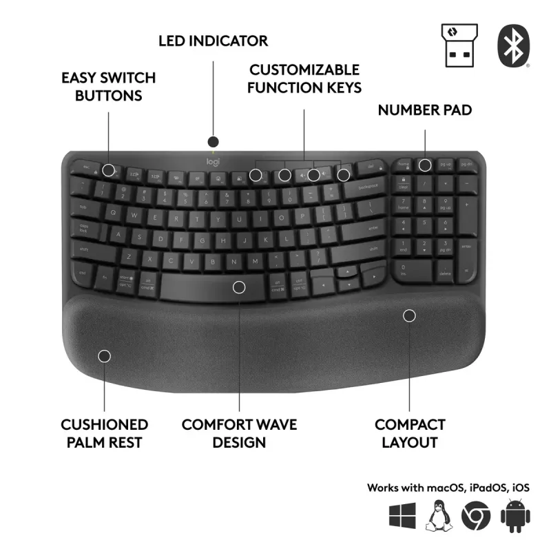 Logitech Wave Keys for Business Ergonomic klawiatura Full-size Wireless