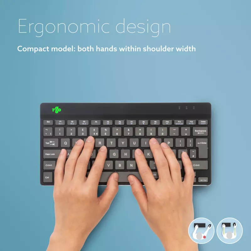 Ergonomiczna klawiatura R-Go Tools R-Go Compact Break, kompaktowa klawiatura z oprogramowaniem do przerw, QWERTZ (DE), Bluetooth, czarna