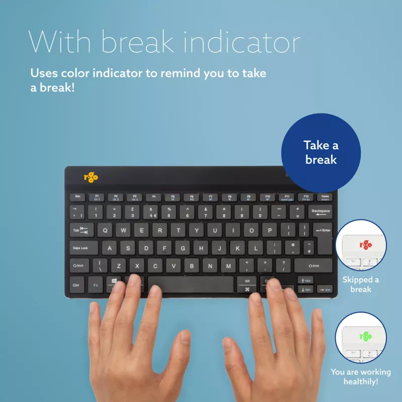 Ergonomiczna klawiatura R-Go Tools R-Go Compact Break, kompaktowa klawiatura z oprogramowaniem do przerw, QWERTZ (DE), Bluetooth, czarna
