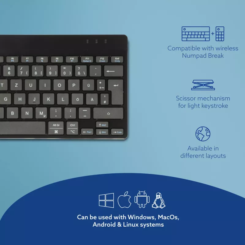 Ergonomiczna klawiatura R-Go Tools R-Go Compact Break, kompaktowa klawiatura z oprogramowaniem do przerw, QWERTZ (DE), Bluetooth, czarna