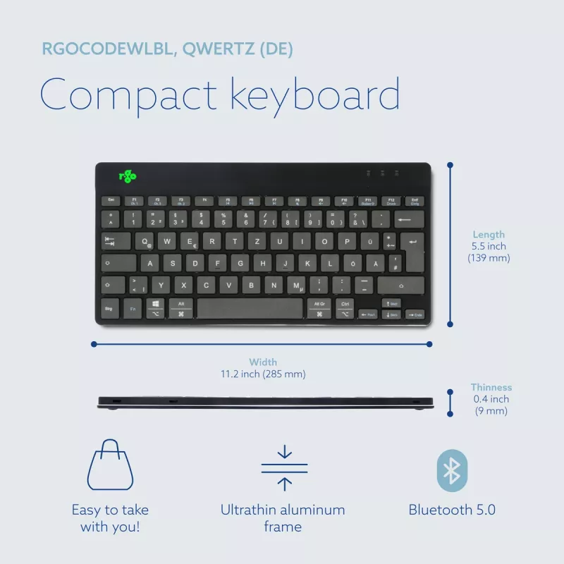Ergonomiczna klawiatura R-Go Tools R-Go Compact Break, kompaktowa klawiatura z oprogramowaniem do przerw, QWERTZ (DE), Bluetooth, czarna