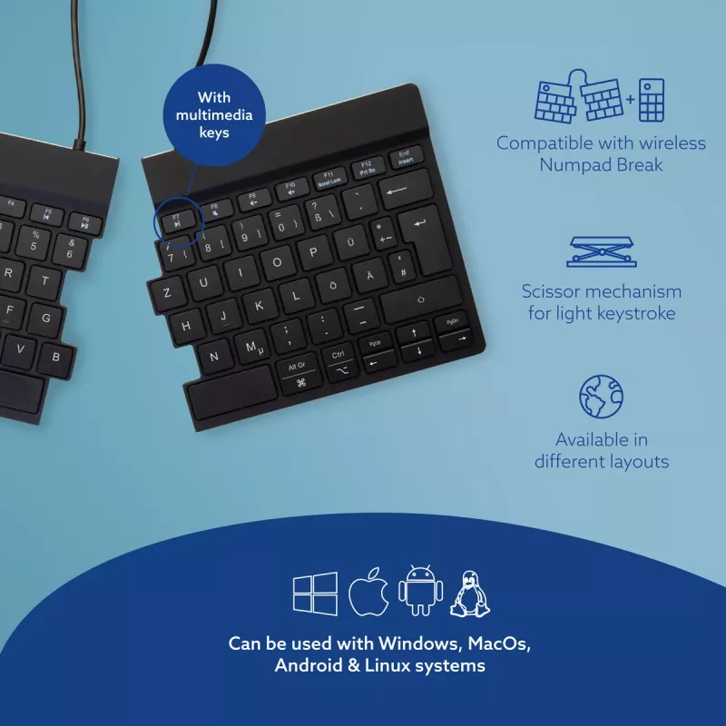Klawiatura ergonomiczna R-Go Tools R-Go Split Break z oprogramowaniem do przerw, ergonomiczna klawiatura dzielona, QWERTZ (DE), Bluetooth, czarna