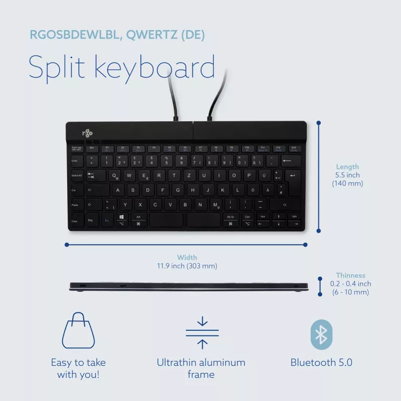 Klawiatura ergonomiczna R-Go Tools R-Go Split Break z oprogramowaniem do przerw, ergonomiczna klawiatura dzielona, QWERTZ (DE), Bluetooth, czarna