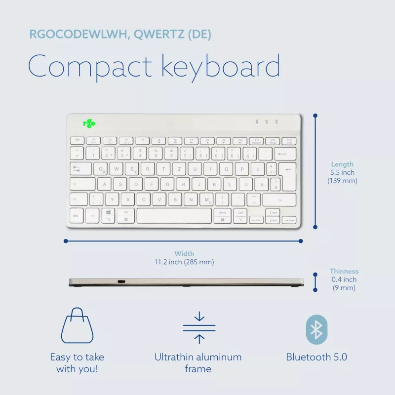 Ergonomiczna klawiatura R-Go Tools R-Go Compact Break, kompaktowa klawiatura z oprogramowaniem do przerw, QWERTZ (DE), Bluetooth, biała