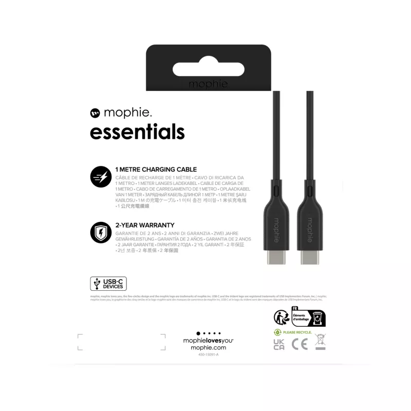 Kabel ładujący USB-C na USB-C 1 m — Zagg International mophie essentials, USB 2.0, czarny