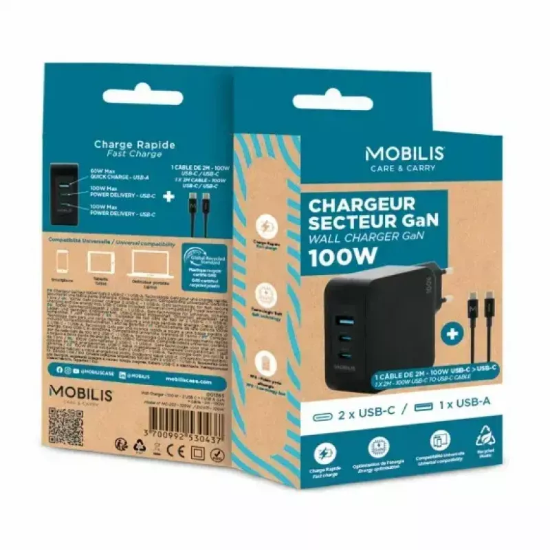 Ravanson Mobilis Ładowarka 100W GaN 2×USB‑C + 1×USB‑A AC wewnętrzna — do laptopa, smartfona, tabletu — Czarny