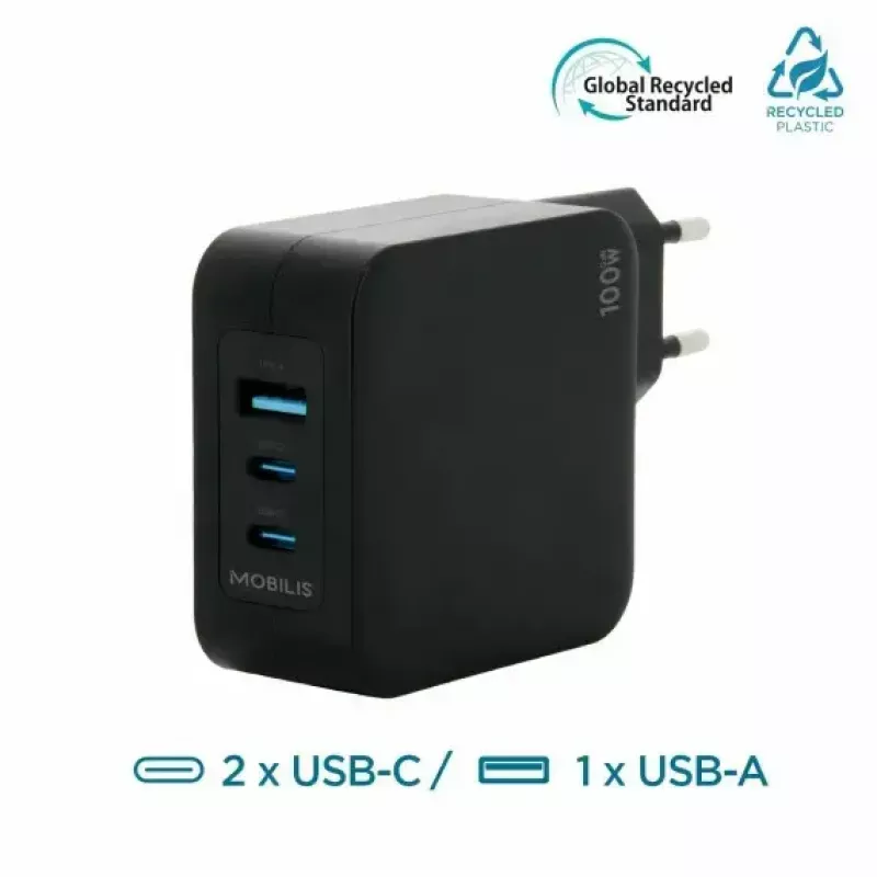 Ravanson Mobilis Ładowarka 100W GaN 2×USB‑C + 1×USB‑A AC wewnętrzna — do laptopa, smartfona, tabletu — Czarny