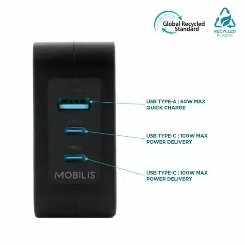 Ravanson Mobilis Ładowarka 100W GaN 2×USB‑C + 1×USB‑A AC wewnętrzna — do laptopa, smartfona, tabletu — Czarny