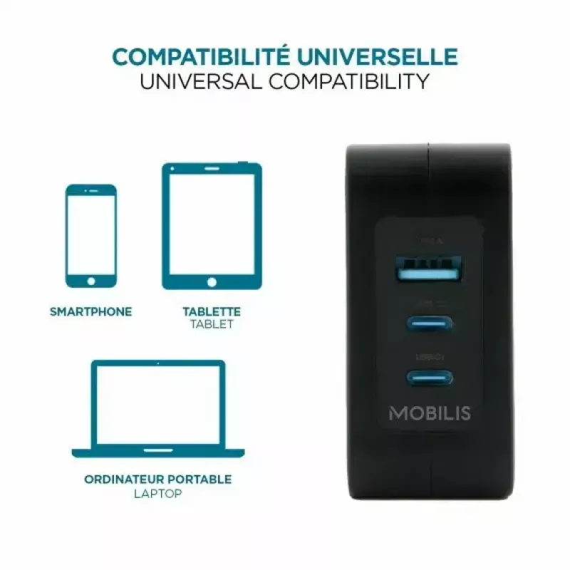 Ravanson Mobilis Ładowarka 100W GaN 2×USB‑C + 1×USB‑A AC wewnętrzna — do laptopa, smartfona, tabletu — Czarny