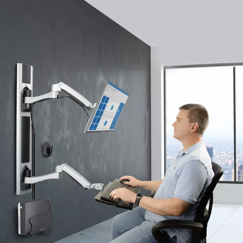 StarTech.com Wall Mount Workstation, Uchwyt VESA do monitorów 32 cale, w pełni przegubowy pojedynczy uchwyt na monitor i tacka na klawiaturę z uchwytem na komputer stacjonarny/PC, biurko stojące