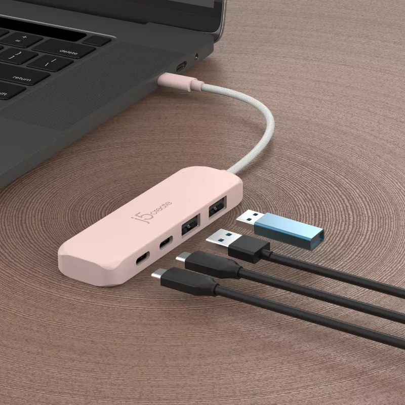 Koncentrator USB-C j5create JCH342ER-N 4-portowy Typu-C Typu-A Gen 2 10000 Mbit/s Różowy