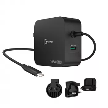 j5create 102W GaN PD USB-C 2-Portowa ładowarka z wymiennymi wtyczkami AC