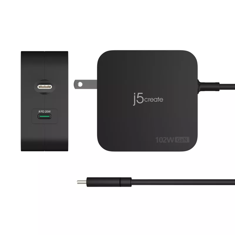 j5create 102W GaN PD USB-C 2-Portowa ładowarka z wymiennymi wtyczkami AC