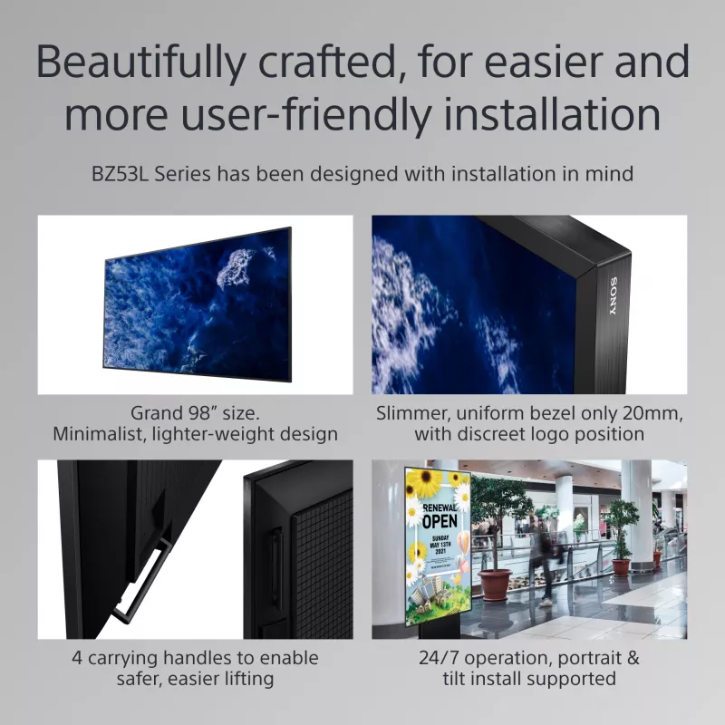 Profesjonalny wyświetlacz Sony BRAVIA FW-98BZ53L 4K HDR Full Array LED, 780 cd/m2, Deep Black Non-Glare 47% Haze, 24/7 i 5 lat PrimeSupport